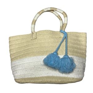 ALTRU Boho Straw Wicker Two Handle Tote Bag Tassels Tan White